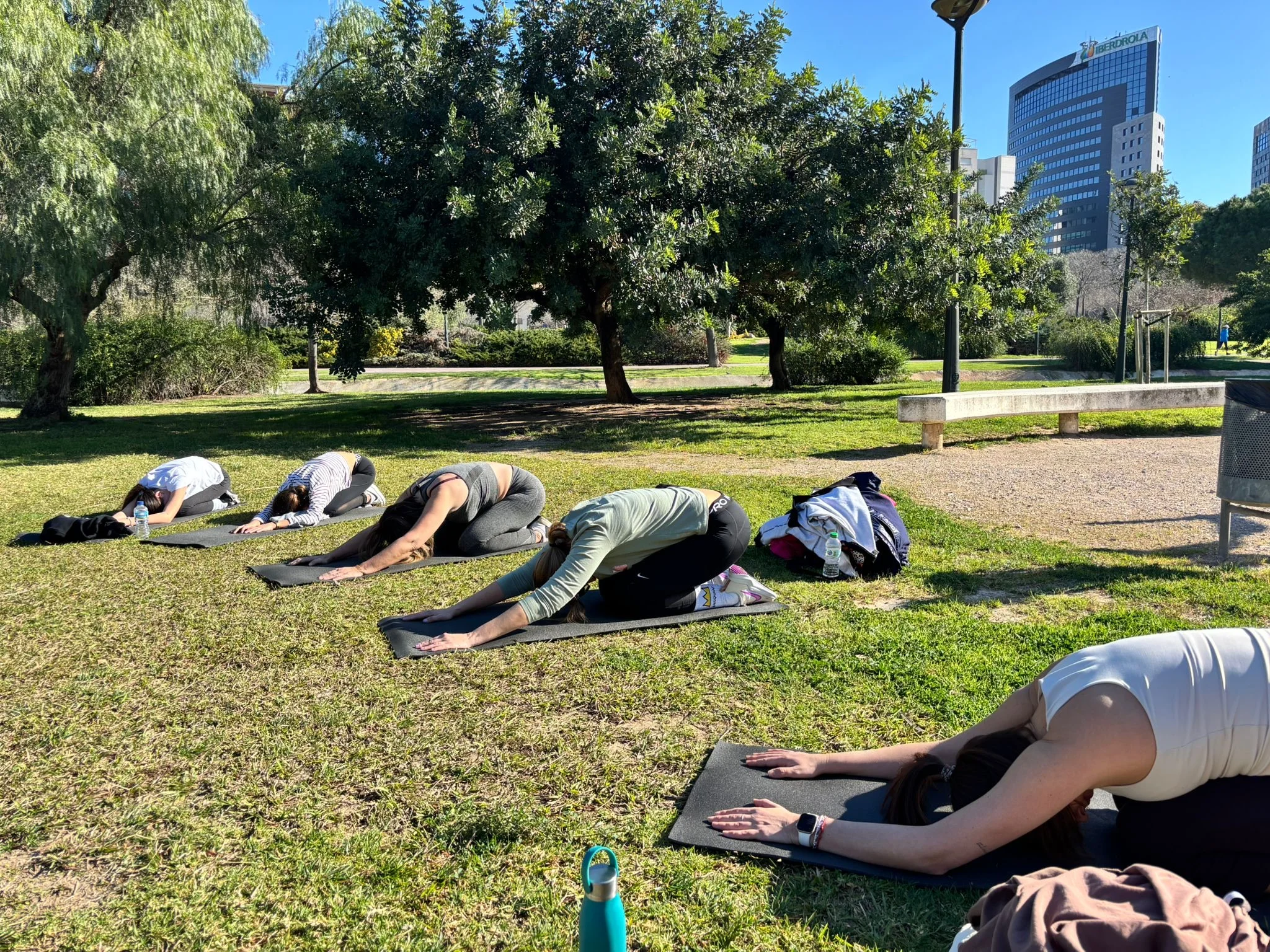 Grupo haciendo estiramiento al suelo en el parque con árboles y edificios al fondo